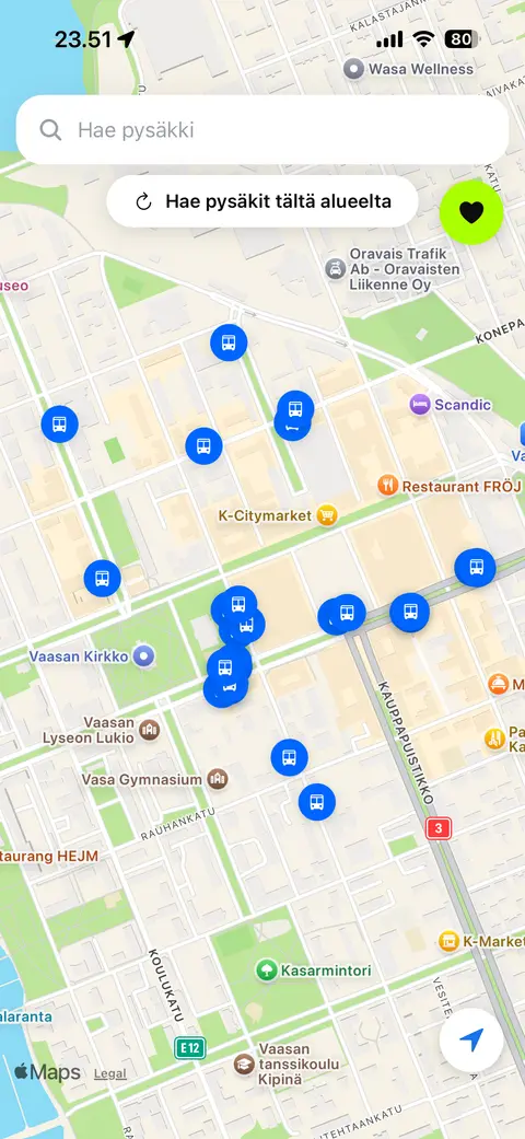 Lähipysäkit kartalla Catchapp-sovelluksessa